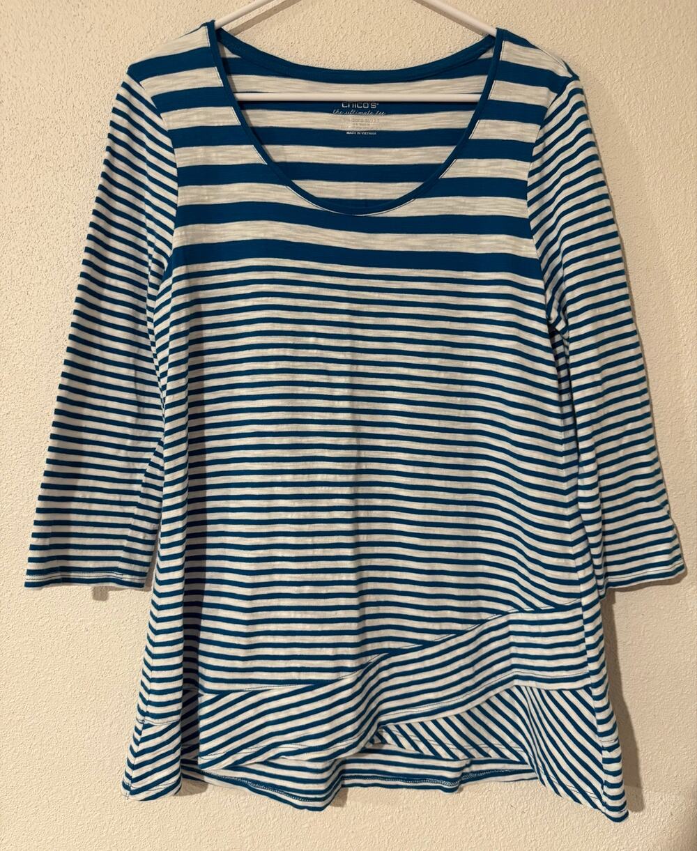 Chico’s Preppy Chic Coastal Nautical Stripe Asymmetric Cross-Hem 3/4-Sleeve Tee